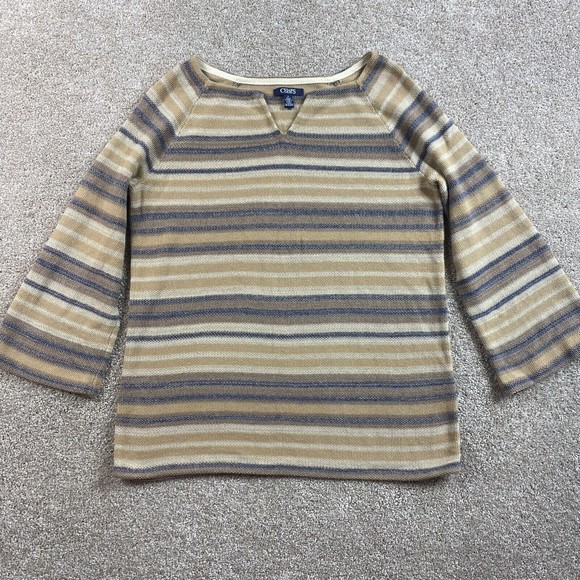 Chaps Ralph Lauren Womens Striped Sweater M Bell Sleeve Tan Beige Blue Southwest - Picture 1 of 7